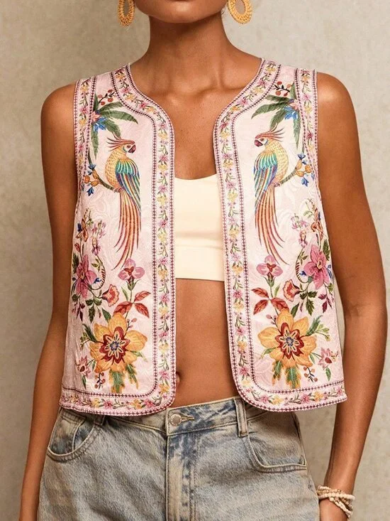 Multicolor Boho Women's Floral Embroidered Open Front Lightweight Vest Jacket - Picture 5 of 6